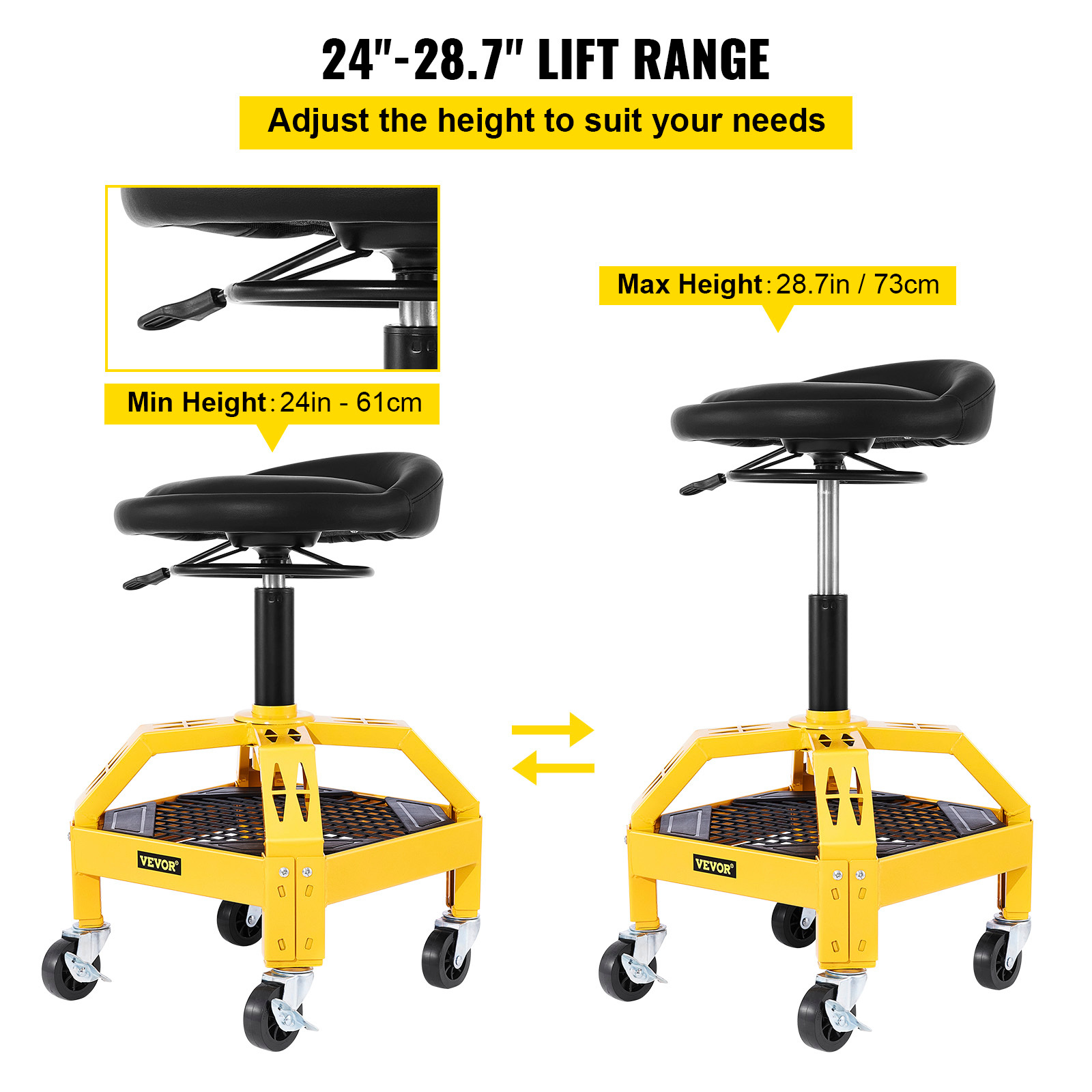   mobile workshop stool supports up to 300lbs height adjusts 24 28 7 in 360 degree rotating wheels tool tray ideal for garages and auto shops yellow