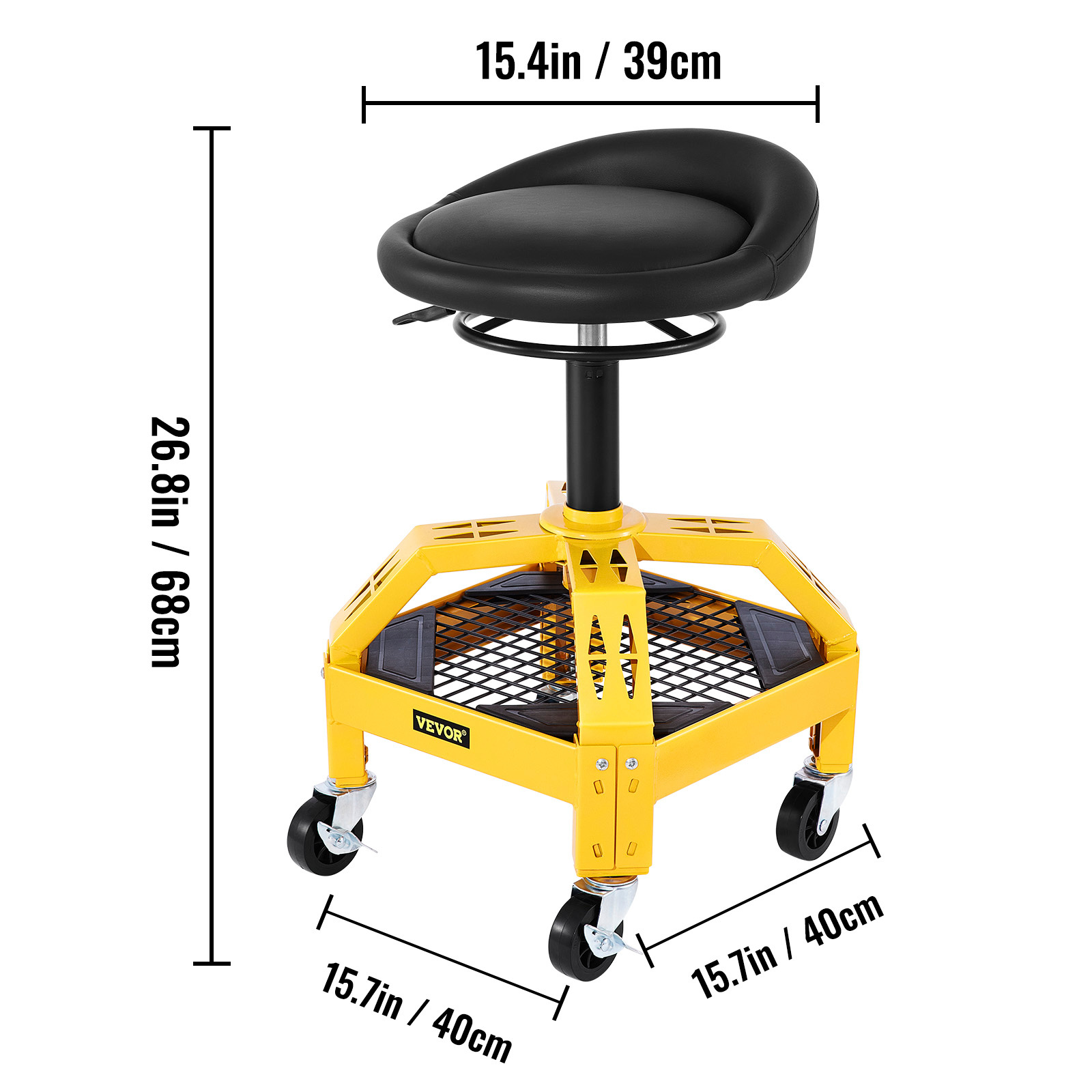 item picture   mobile workshop stool supports up to 300lbs height adjusts 24 28 7 in 360 degree rotating wheels tool tray ideal for garages and auto shops yellow