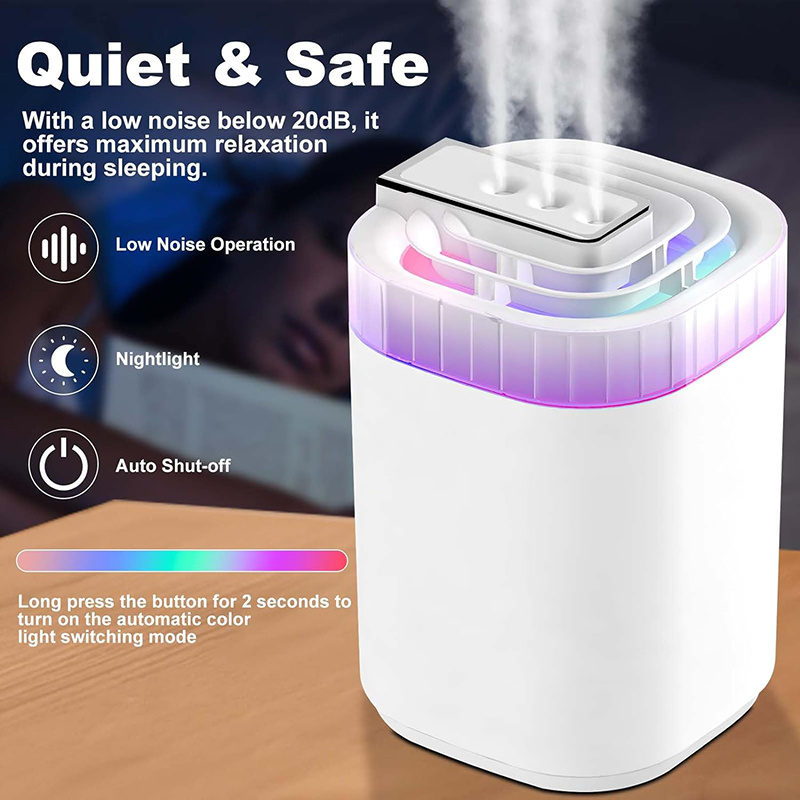 

3l Large Capacity Cool Humidifier With 3 Nozzles, 20db, Multicolor Light Auto Shut-off For Bedroom Living Room