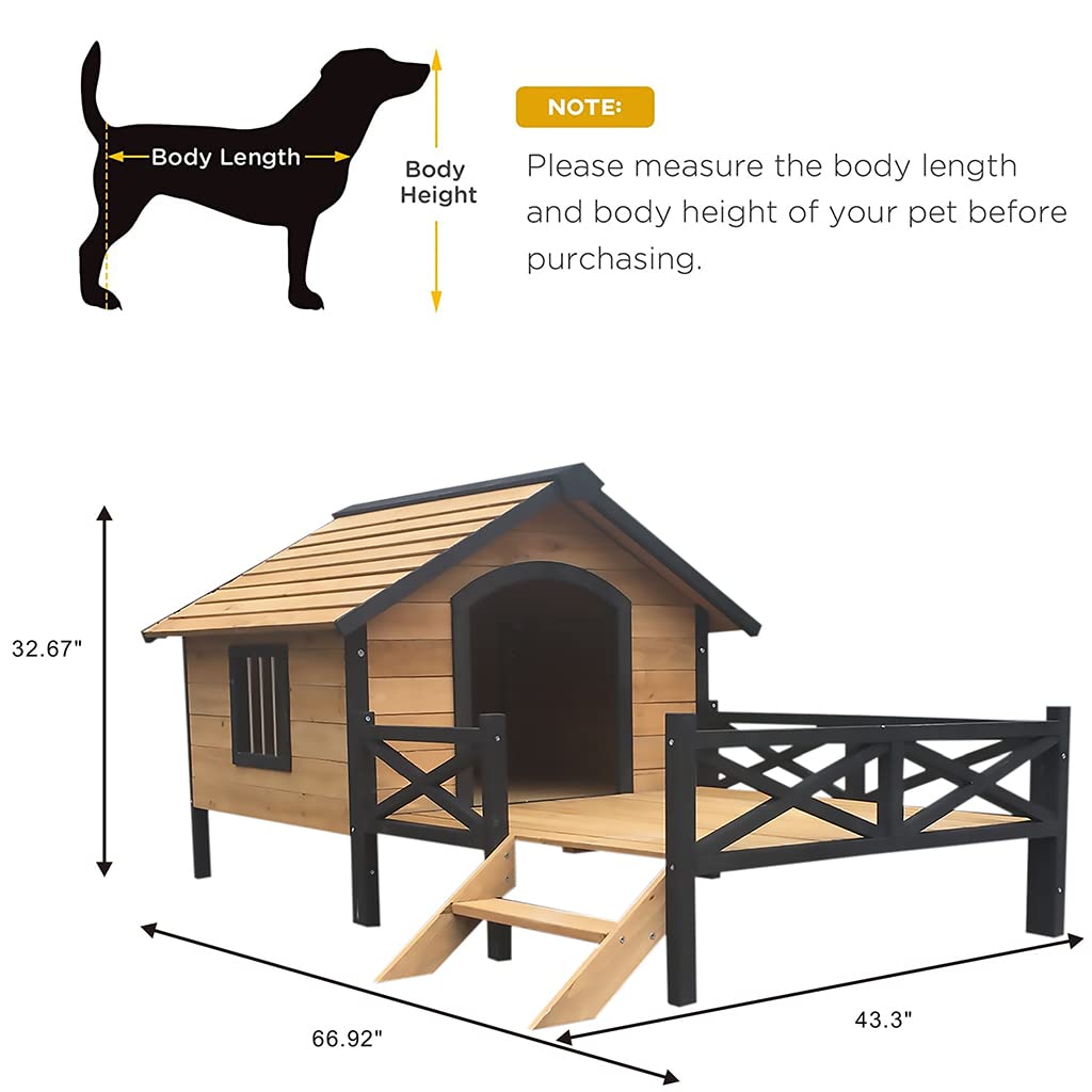 TEMU Wooden Large Dog House 43.3" L X 69.9" W X 32.7" H Extreme Outback Log Cabin Weatherproof Outdoor Pet Kennel, Cabin Style Elevated Pet Shelter W/porch Deck