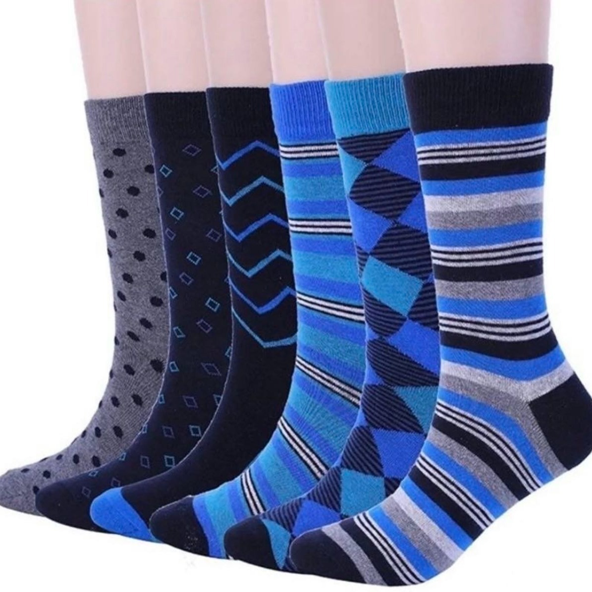 

Mens Blue Dress Crew Socks Funky Argyle Stripe Patterned Designs 6 Pair, 1 Size