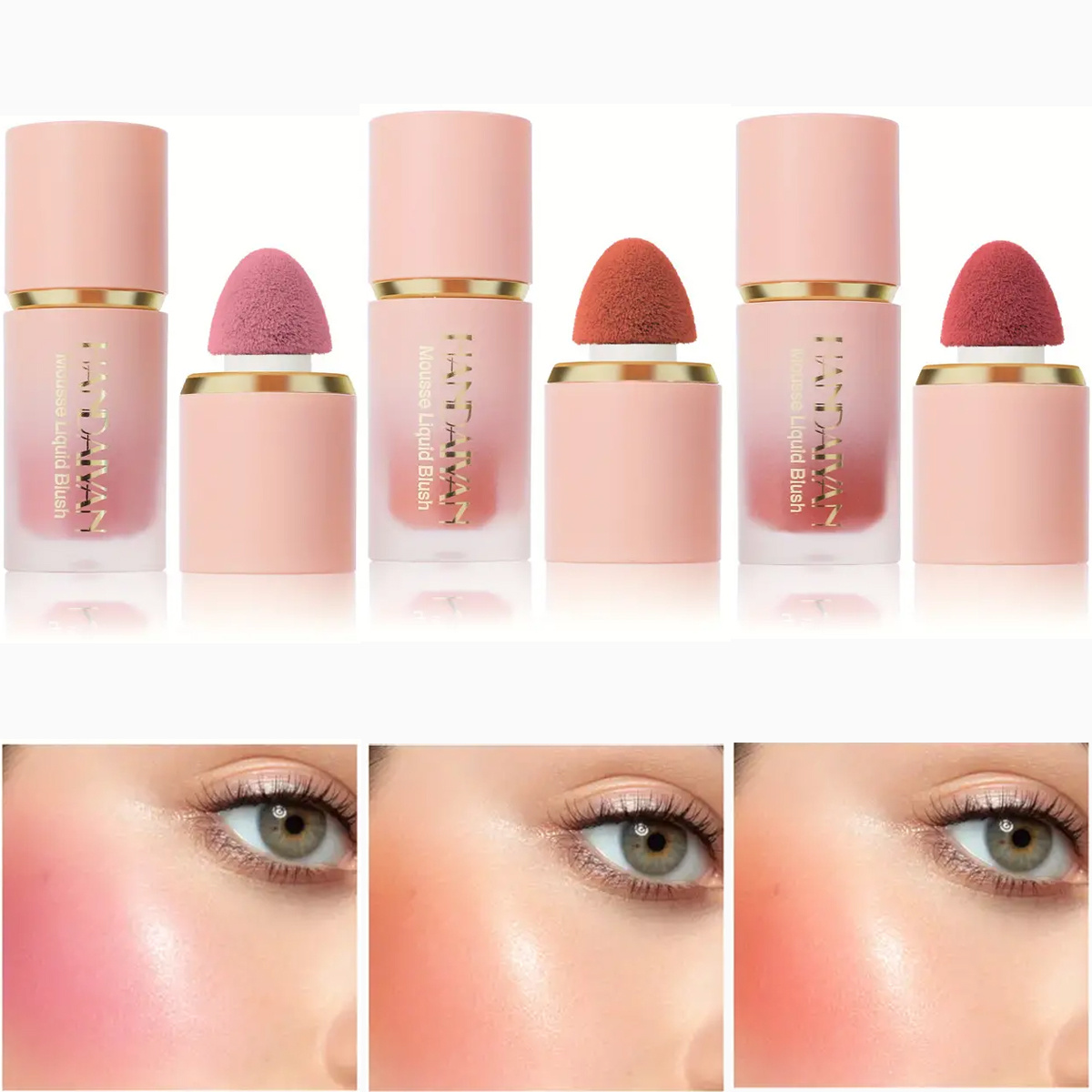 3Pcs Soft Cream Blush Makeup, Velvet Mousse Liquid Blush for Cheeks, Matte Natural Silky Smooth Blush Stick with Applicator, Lightweight, Long-wearing, Smudge Proof, Natural-looking
