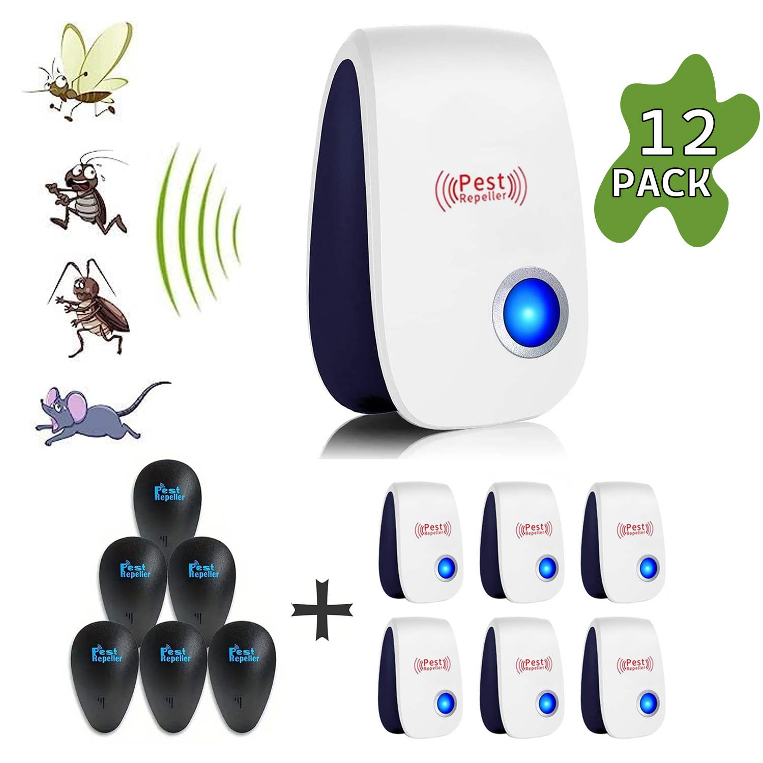 

12-pack Electronic Mice Repellent Indoor, Pest Repellent Ultrasonic Plug In For Mice, Roach, Spiders, Ants, Flies, Bugs, White