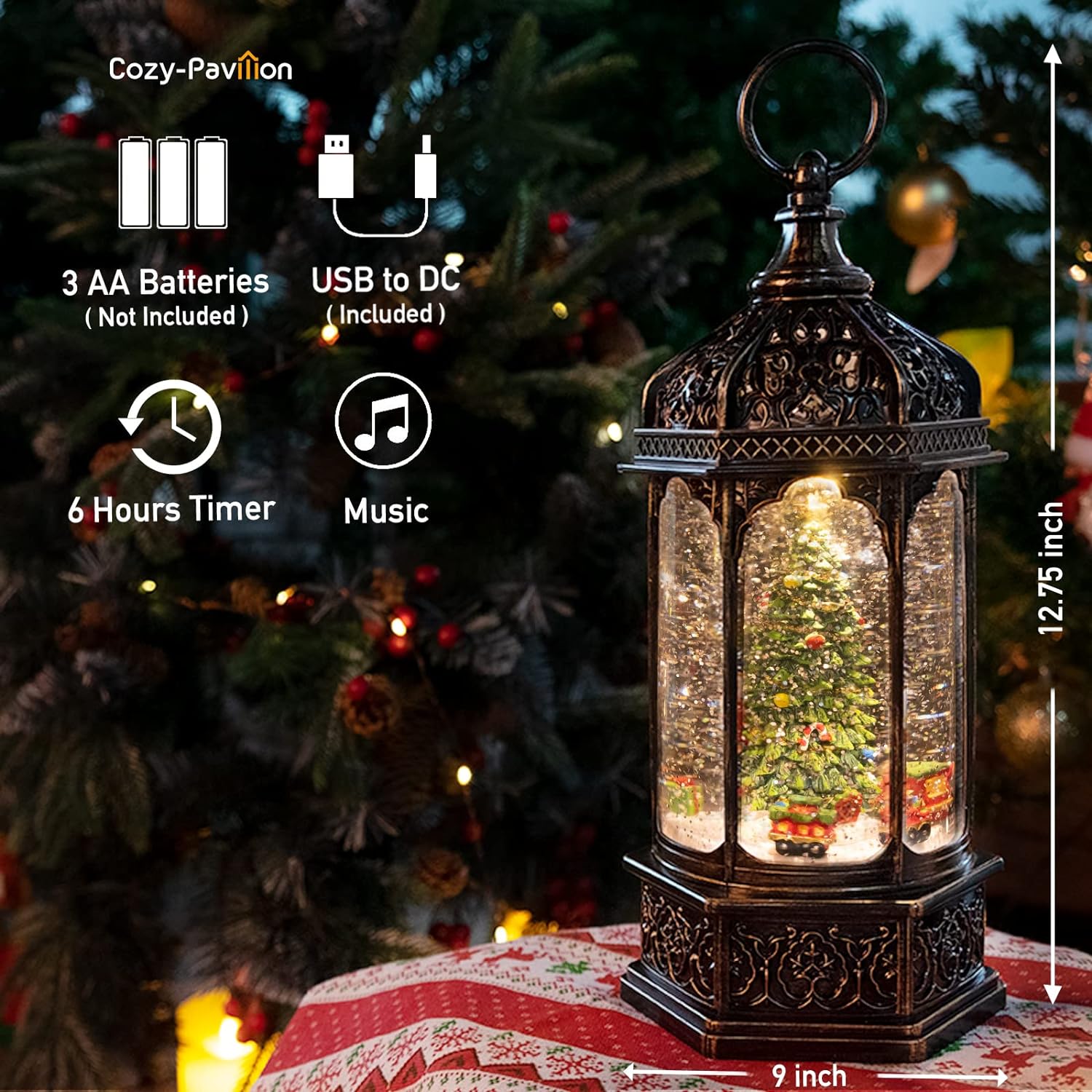 

Christmas Snow Globes Musical Lantern With Timer,swirling Glitter Christmas Tree Ornaments For Friends, 12.7''