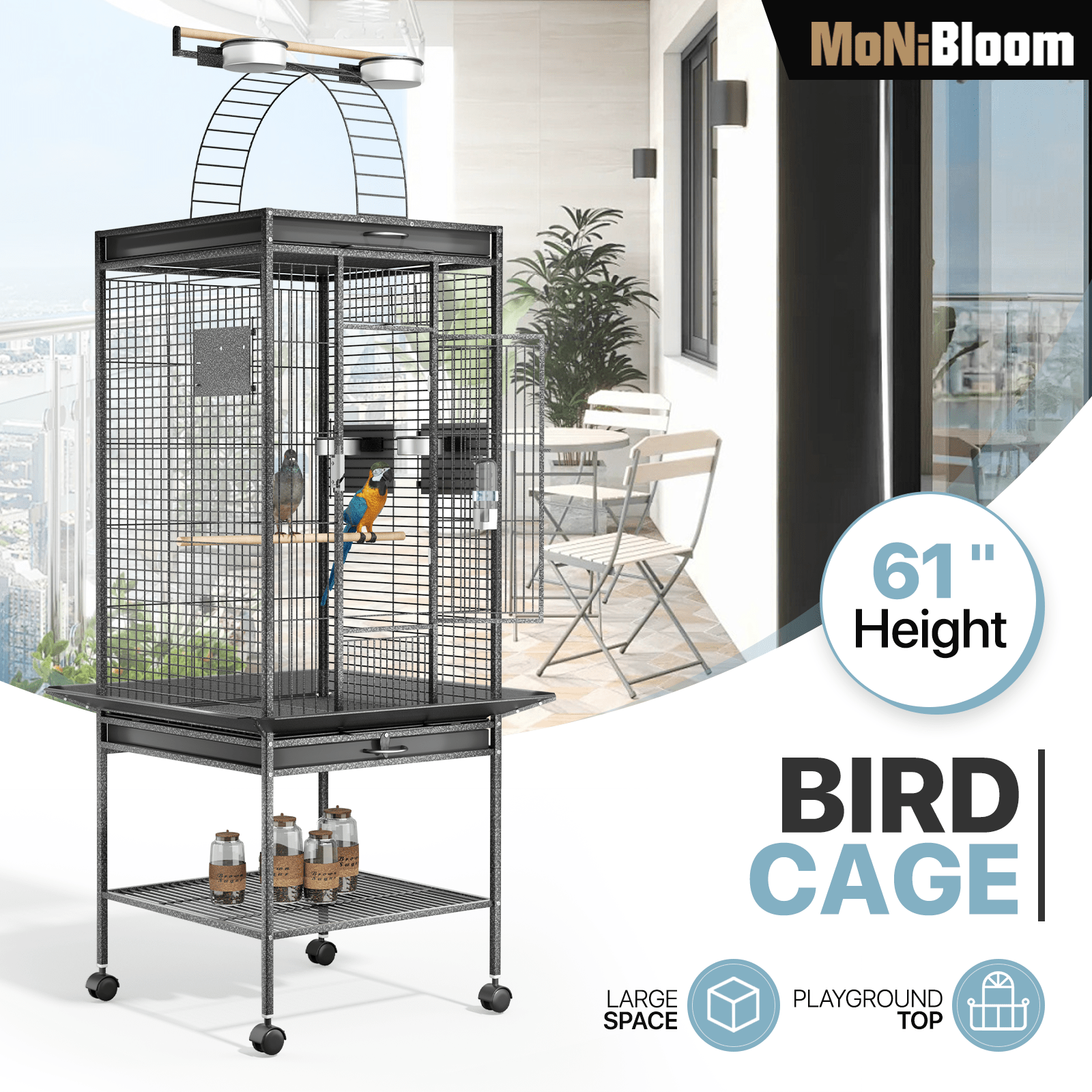 

61 Inch Height Large Bird Cage With Rolling Stand, Wrought Steel Flight Birdcage W/play Top For Parakeets Cockatiels Lovebird Budgie