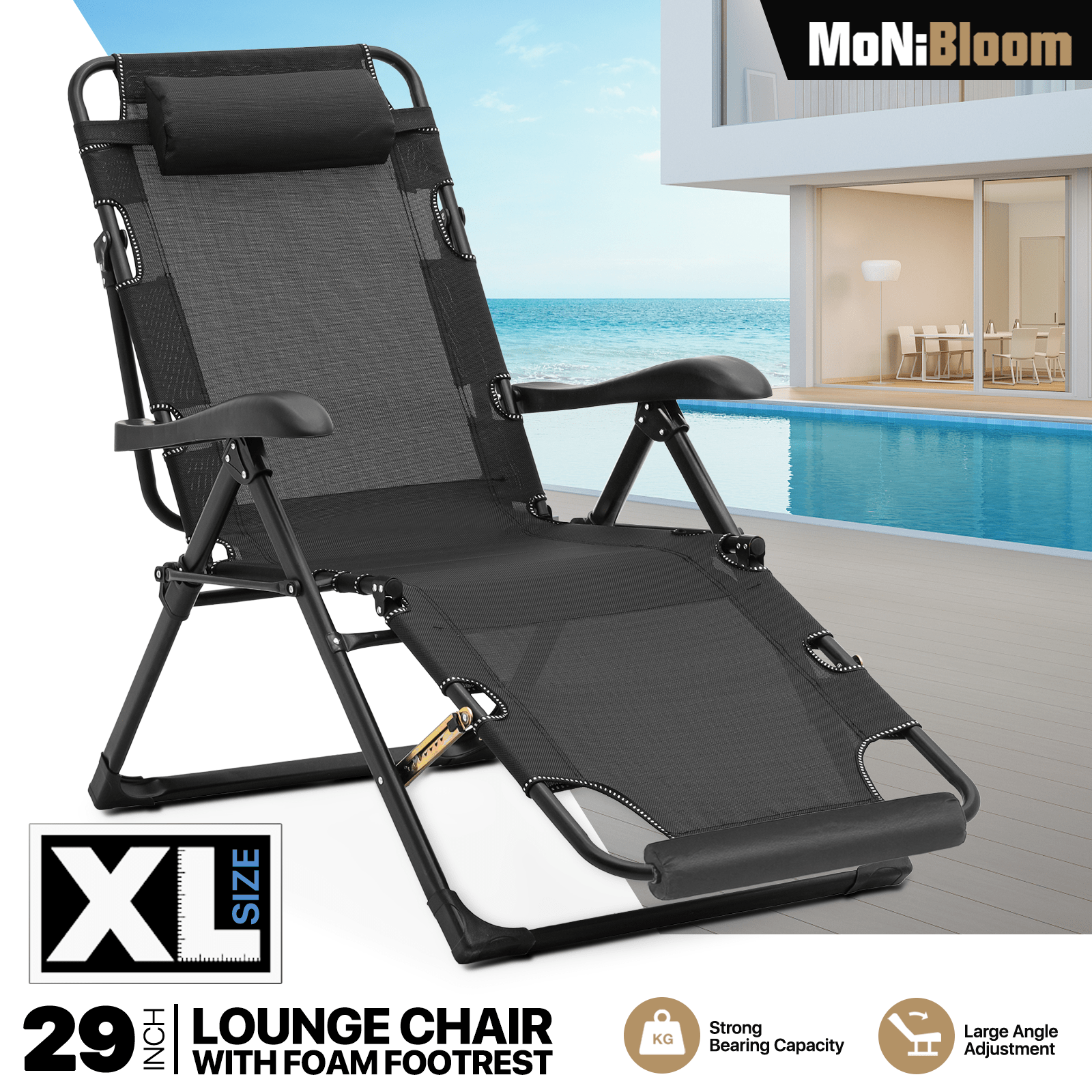 

Patio Lounge Chair 29 Inch Width Outdoor Reclining Portable Folding Chair Lawn 3 In 1 Lounge Chair With Additional Support Bar And Adjustable Headrest For Poolside Backyard Beach