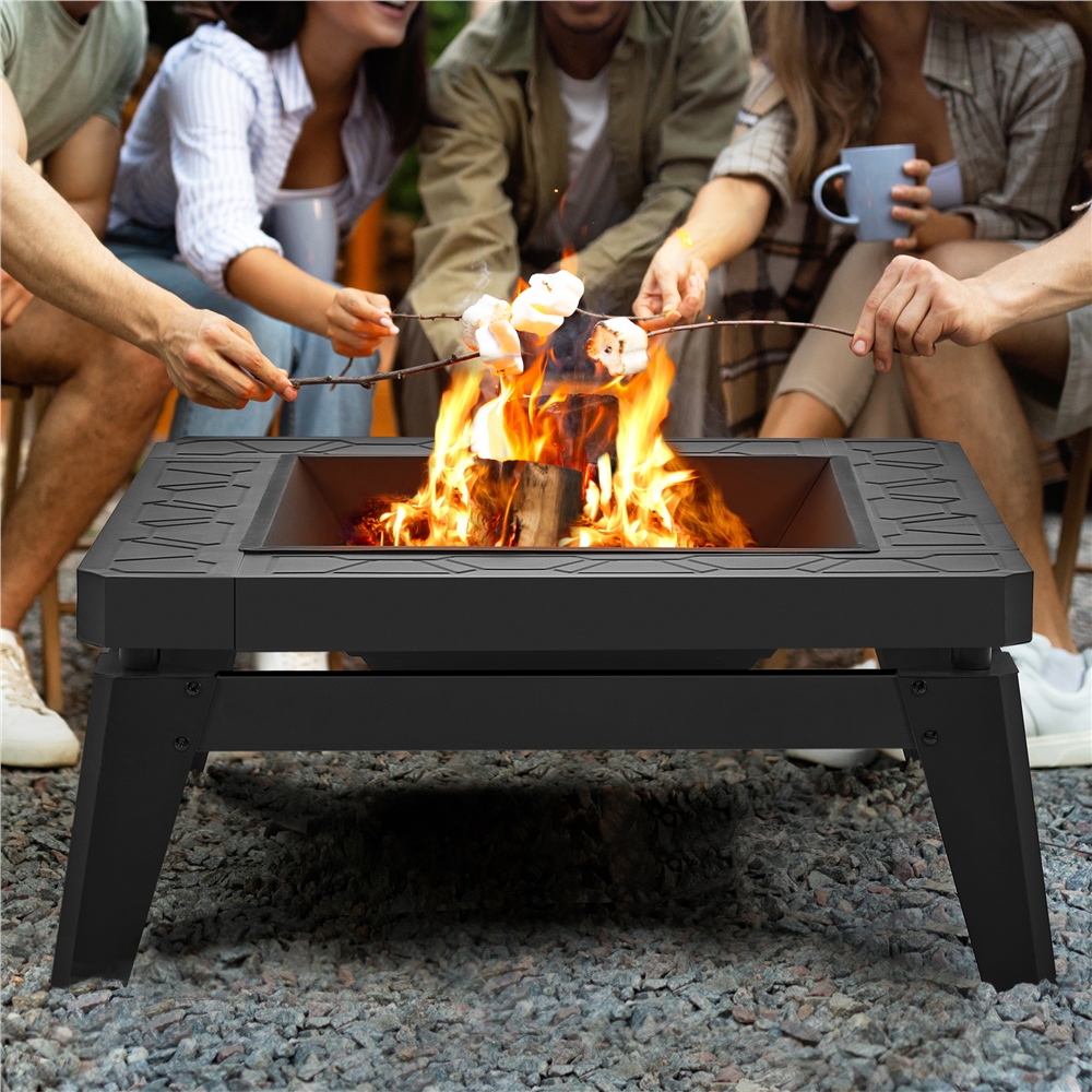 

Outdoor Large Square Fire Pit With Log Grate And Rain Cover Mecha Design Wood Burning Fireplace With Poker