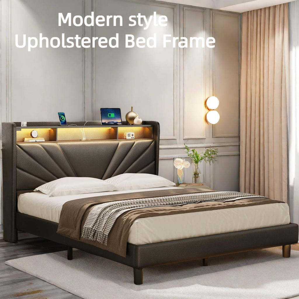 

Twin/full/queen/king Size Bed Frame, Storage Headboard With Charging Station And Led Lights, Upholstered Bed With Heavy Duty Wood Slats, Spring Needed, , Easy