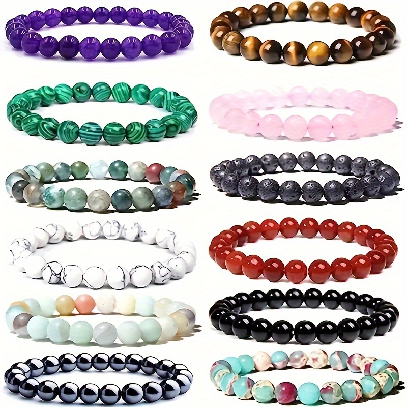 

12pcs 8mm Gemstones Beaded Stretch Bracelet For Women Tiger's Eye, Amethyst Stone Bracelets Round Beads Semi-precious Stretch Bracelet Set Unisex