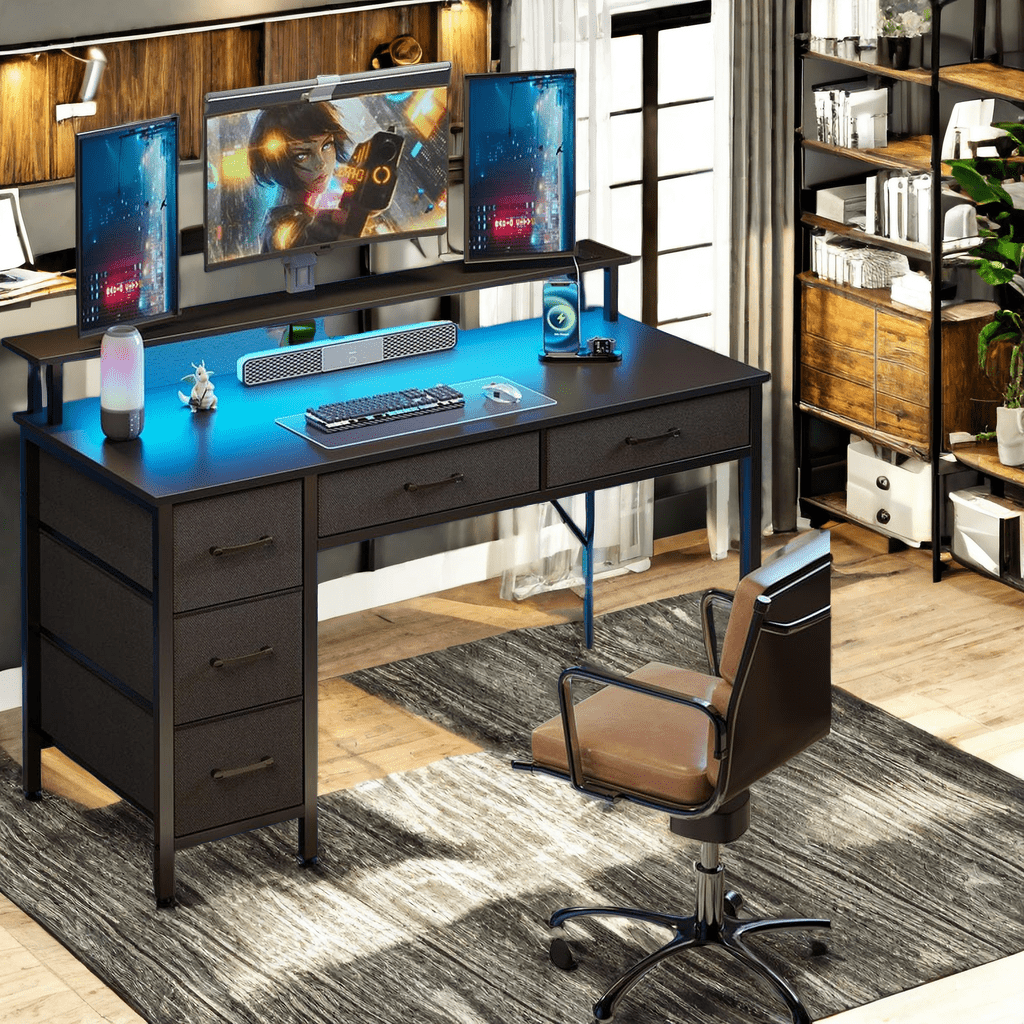 

Computer Desk With Power Outlets & Led Light, 39/47/55 Inch Home Office Desk With 5 Drawers, Writing Desk With Monitor Stand,work Desk For Home Office, Black