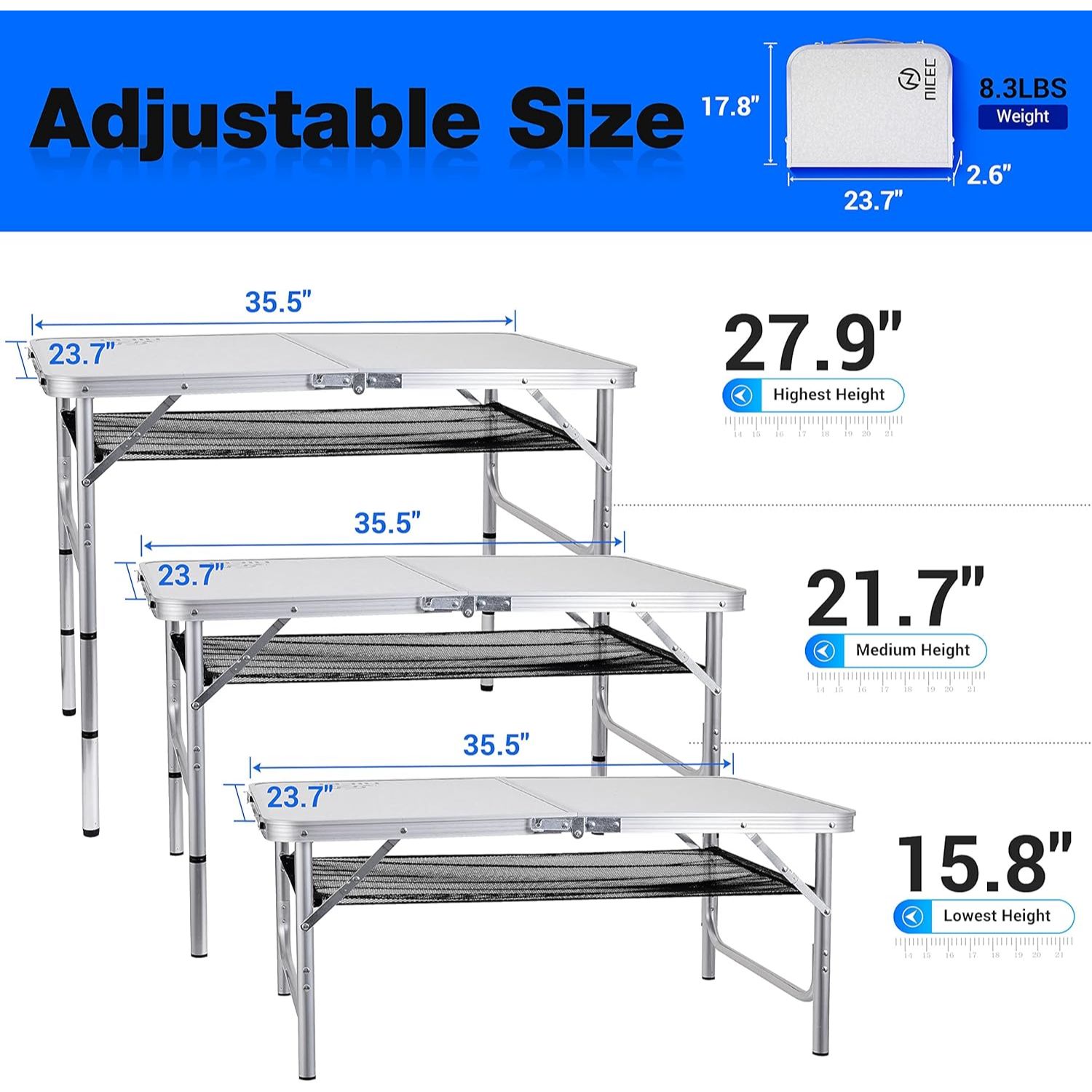 

Middle-sized Card Table And Folding Picnic Table With Adjustable Height - Portable Lightweight Aluminum, Ideal For Camping, Outdoor Use, And More - Includes Carry Handle For Beach, Indoor, And Office