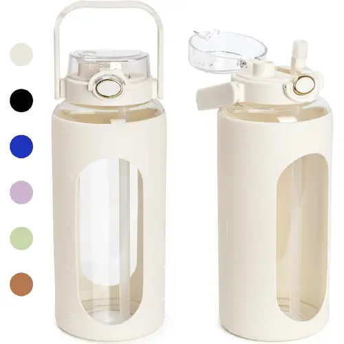 64 oz glass water bottle with straw and handle large sports motivational water bottle with time marker leakproof water jug with silicone sleeve for gym