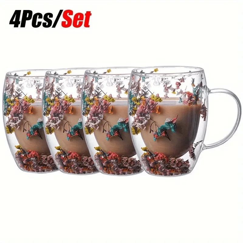 

Set Of 4 Double-walled Glass Coffee Mugs With Dried Flowers, 11.83oz, Heat Insulated, Perfect For Hot And Cold Drinks, Great Birthday Gifts