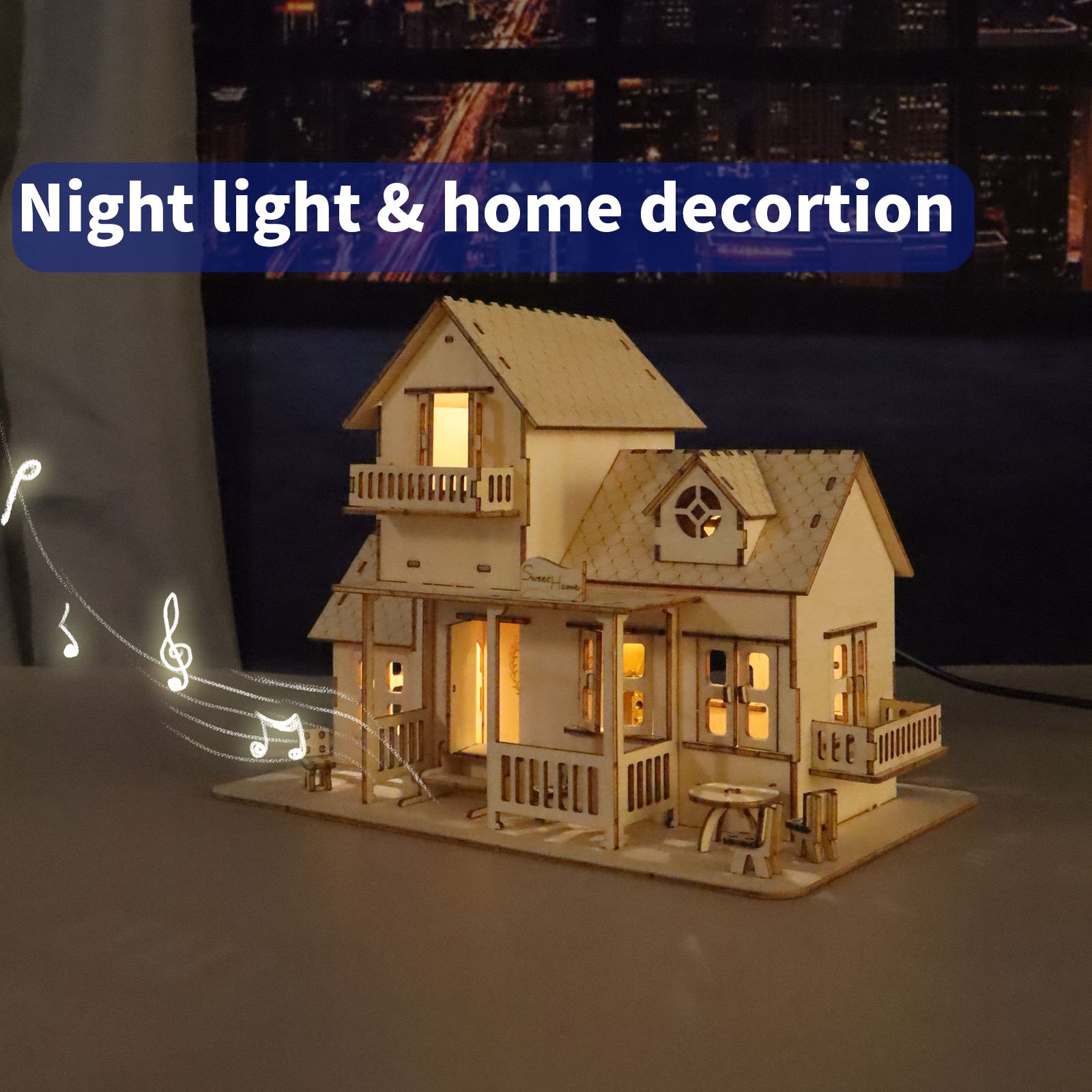 

3d Wooden Puzzle Sweet Home Music Box Kits 3d Model Diy House Building Gifts For Christmas