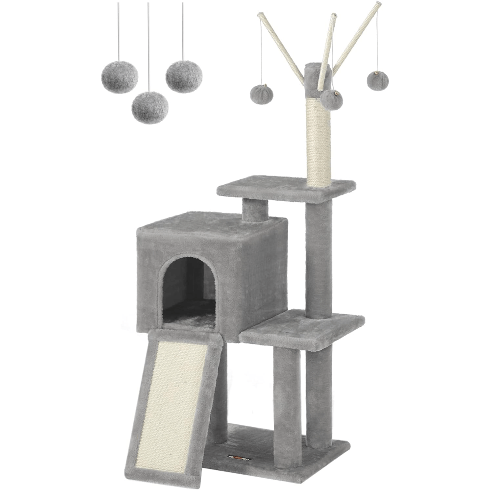 

Feandrea Cat Tree, 46.5-inch Cat Tower For Indoor Cats, Multi-level Plush Cat Condo, Scratching Post, Ramp, 3 Removable Pompom Sticks, Cat Cave