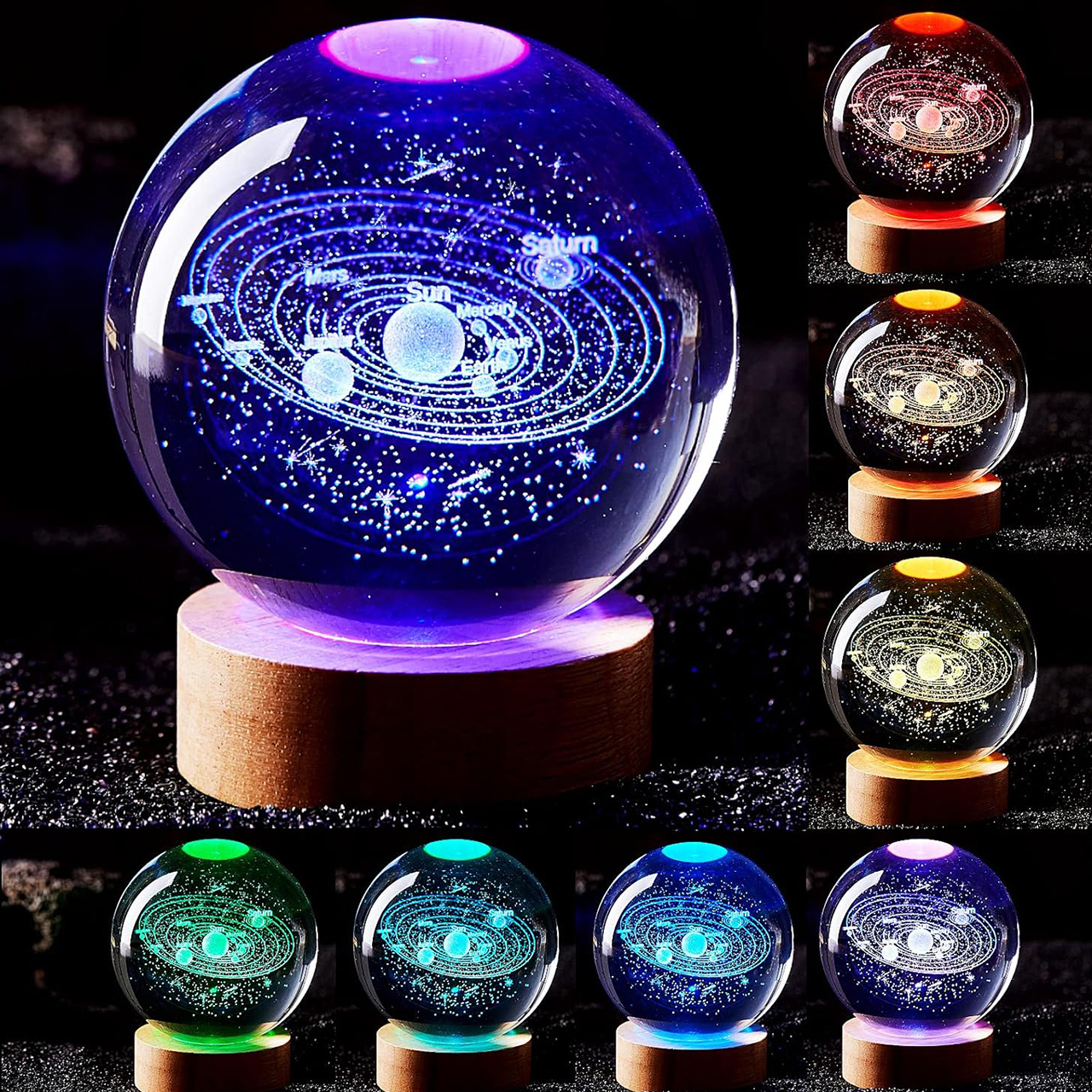 

3d Solar System Crystal Ball Lamp,3.15 Inch K9 Crystal Ball Night Light With Wooden Base,3d Planet Laser Engraving Holographic Light
