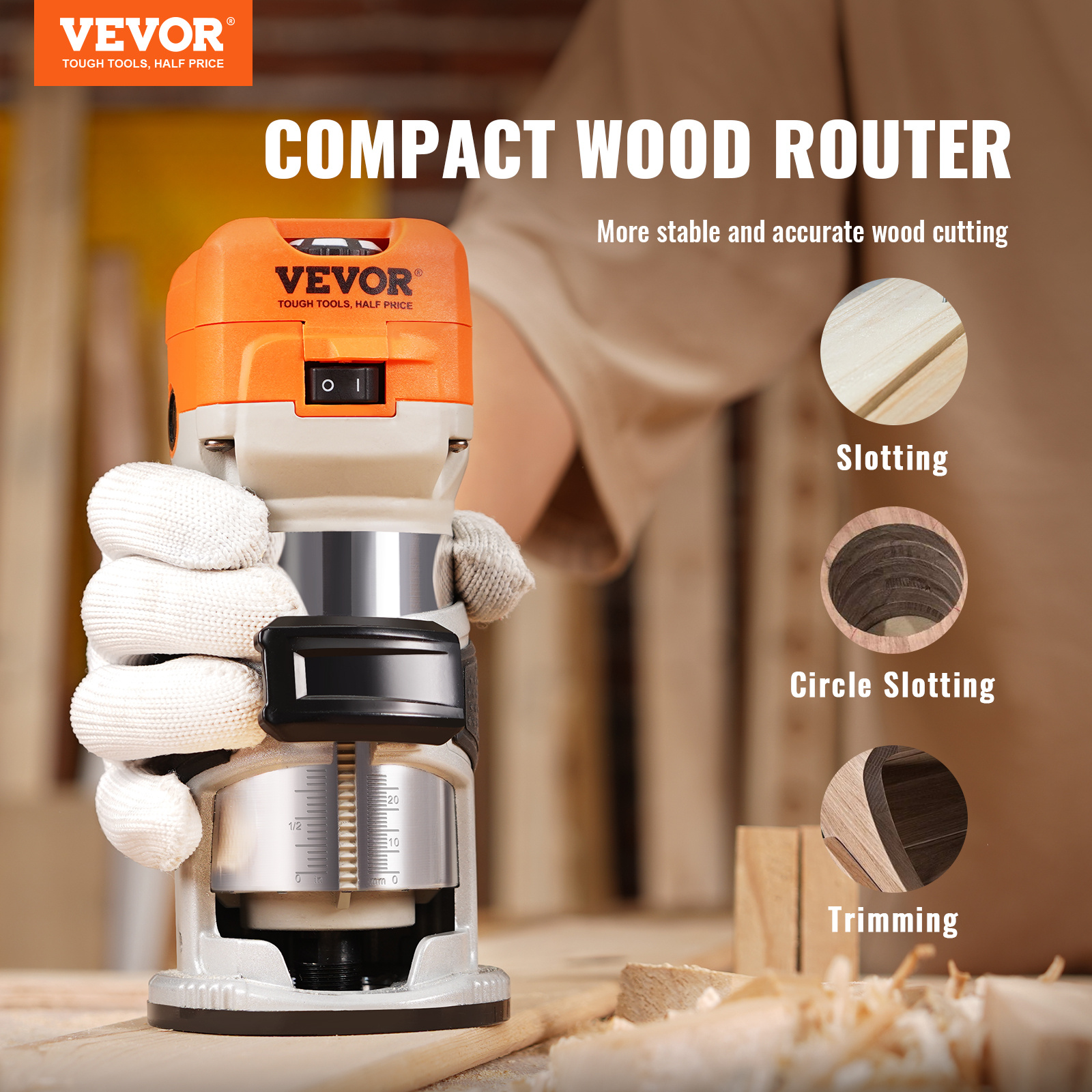 

Vevor Wood Router, 1.25hp 800w, Compact Wood Trimmer Router Tool, 30000rpm Max Variable Speeds, With 1/4'' & 5/16'' Collets 12 Pcs Milling Cutters Dust Hood, For Woodworking Slotting Trimming