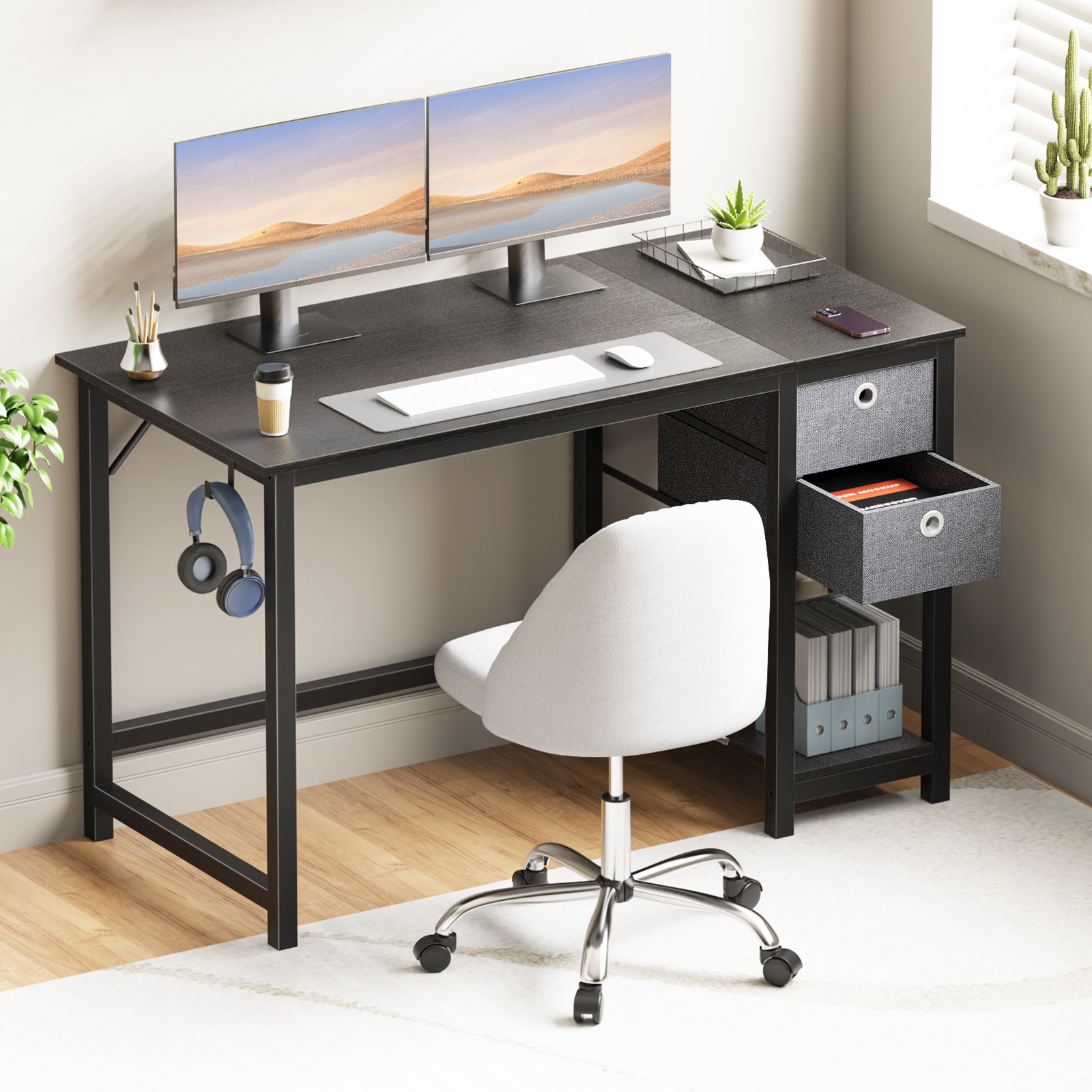 

Modern Sturdy 40/47-inch Computer Office Desk With Fabric Storage Drawers, Headphone Hooks - Ideal For Home Office Workspace Gaming Desk