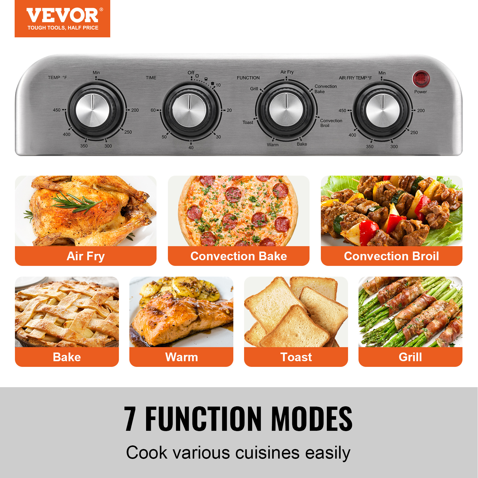 

Vevor 7-in-1 Air Fryer Toaster Oven, 18l Convection Oven, 1700w Stainless Steel Countertop Combo With Grill, Pizza Pan, Gloves, 6 Slices Toast, 12-inch Pizza, Home And Commercial Use