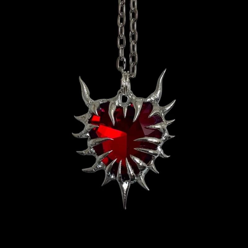 

1pc Exquisite Heart Thorn Set Faux Ruby Botanical Gothic Stainless Steel Silvery Necklace Woman Gathering Party