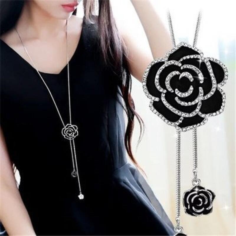 

1pc Exquisite Black Rose Flower Inlaid Rhinestone Chain Punk Style Stainless Steel Silvery Long Necklace Women Daily Party