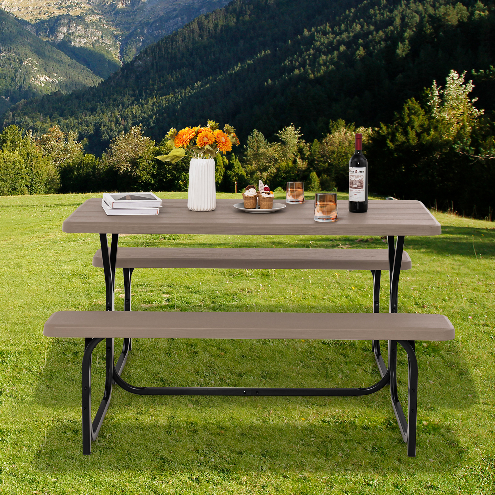 Picnic Table, Portable with Benches, Plastics Picnic Table Bench Set  with Metal Frame All Weather Tabletop, Large Camping Picn
