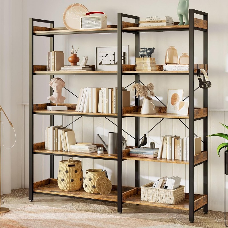 

Bookshelf 5 Tier With 4 Hooks, Reversible Corner Bookshelf, 65" Industrial Wooden Bookcase With Open Shelves And Metal Frame For Living Room, Bedroom, Home Office