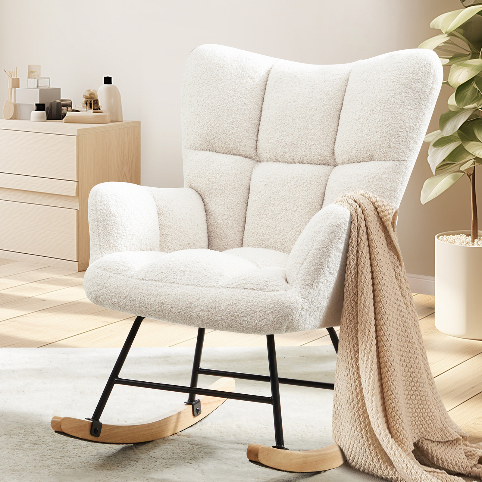 TEMU Rocking Chair Teddy Upholstered Glider Rocker Rocking Accent Chair Padded Seat With High Backrest Armchair Comfy Side Chair For Living Room Bedroom Offices