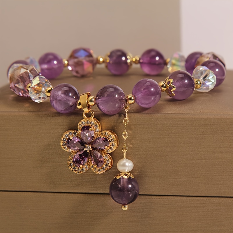 

1pc Fashionable Amethyst Bead Bracelet With Flower Pendent Perfect For Women