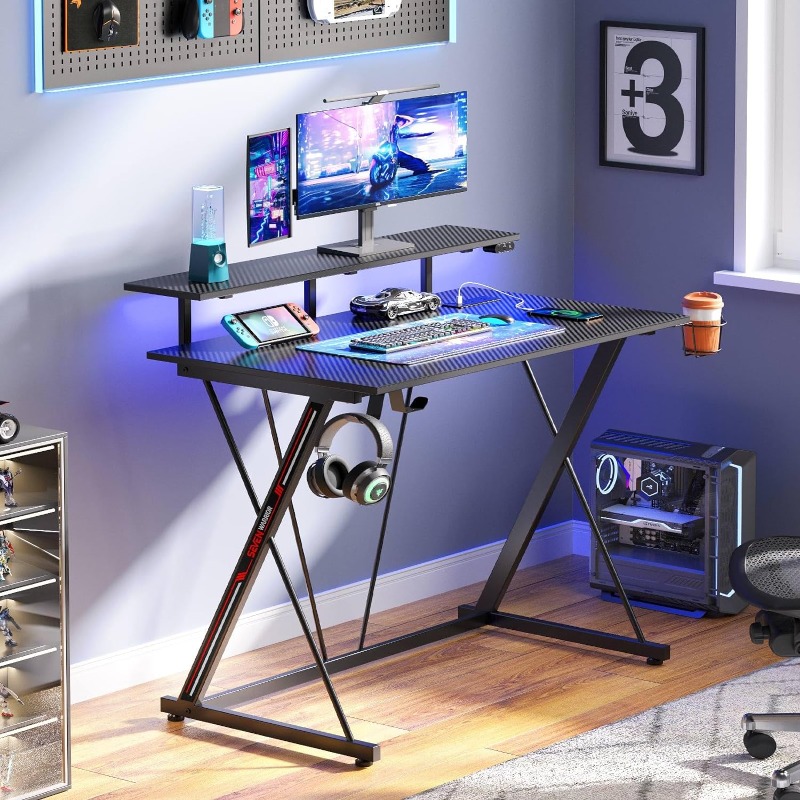 

Gaming Desk With Led Lights & Power Outlets, /39.4/47/55in Computer Desk With Monitor Shelf, Home Office Desk With Cup Holder And Headphone Hook, Ergonomic