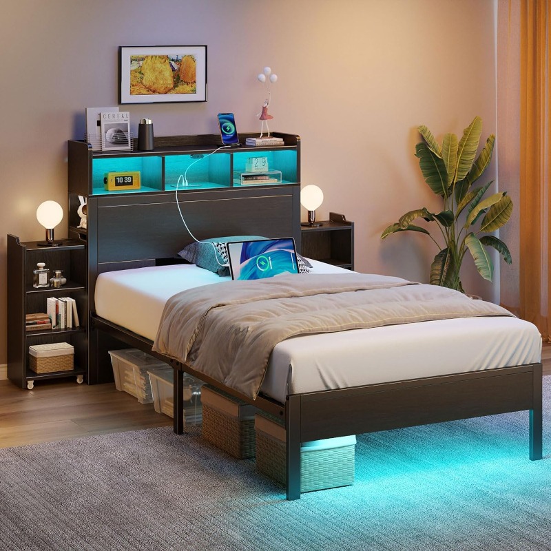

Bed Frame Twin Full Queen Size With Bookcase Storage Headboard, Slide Out Bedside Storage, Bed With Charging Station & Led Lights, Heavy Duty Metal Slats, No Box Spring Needed, Noise Free
