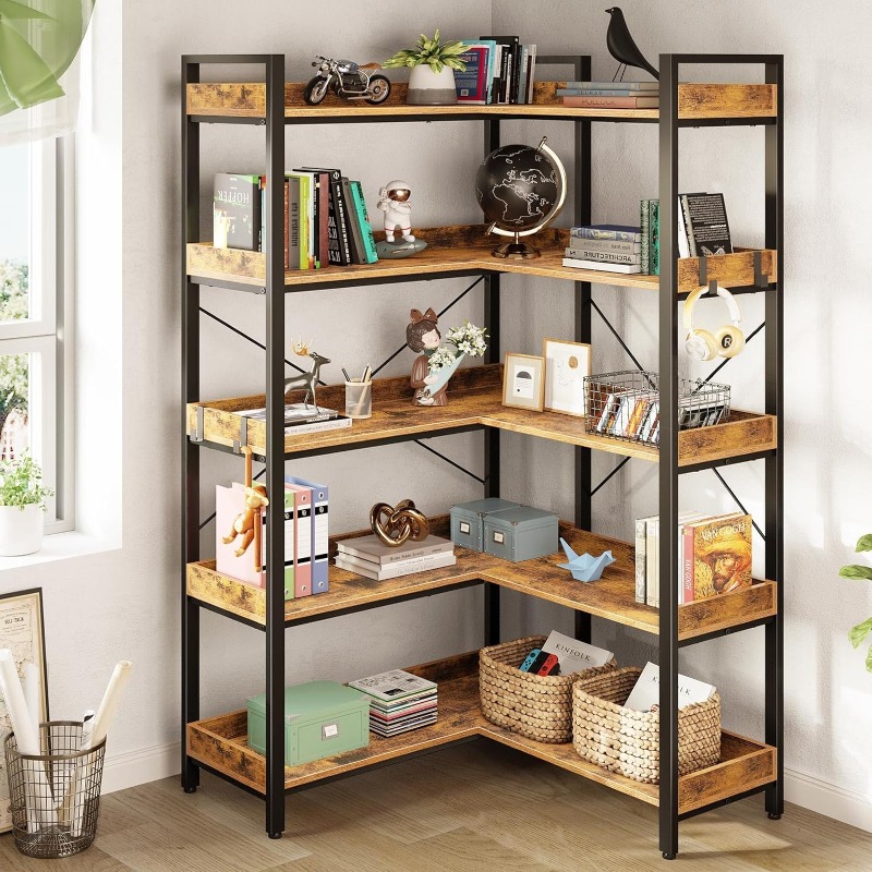 

Bookshelf 5 Tier With 4 Hooks, Reversible Corner Bookshelf, 65" Industrial Wooden Bookcase With Open Shelves And Metal Frame For Living Room, Bedroom, Home Office