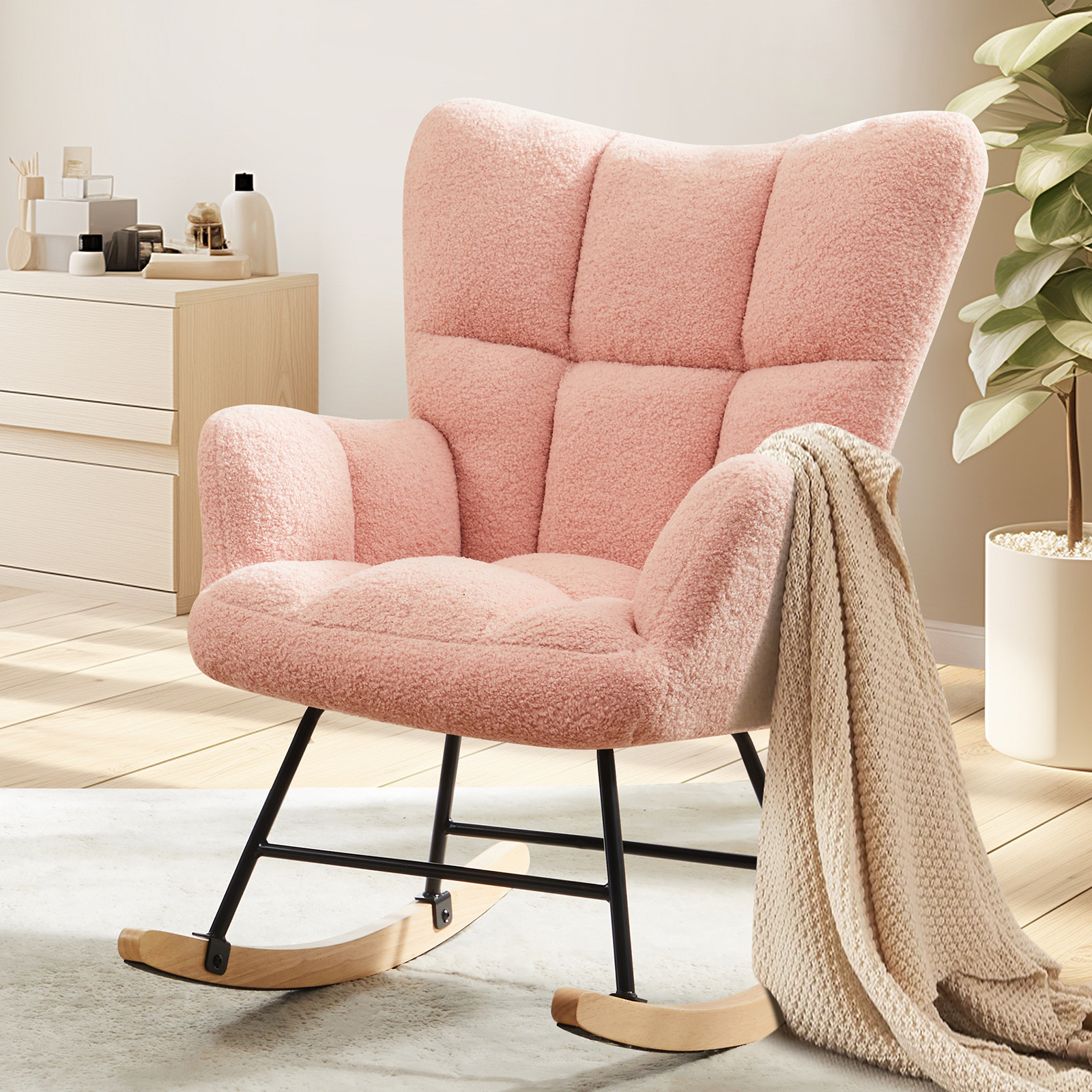 

Rocking Chair Teddy Upholstered Glider Rocker Rocking Accent Chair Padded Seat With High Backrest Armchair Comfy Side Chair For Living Room Bedroom Offices