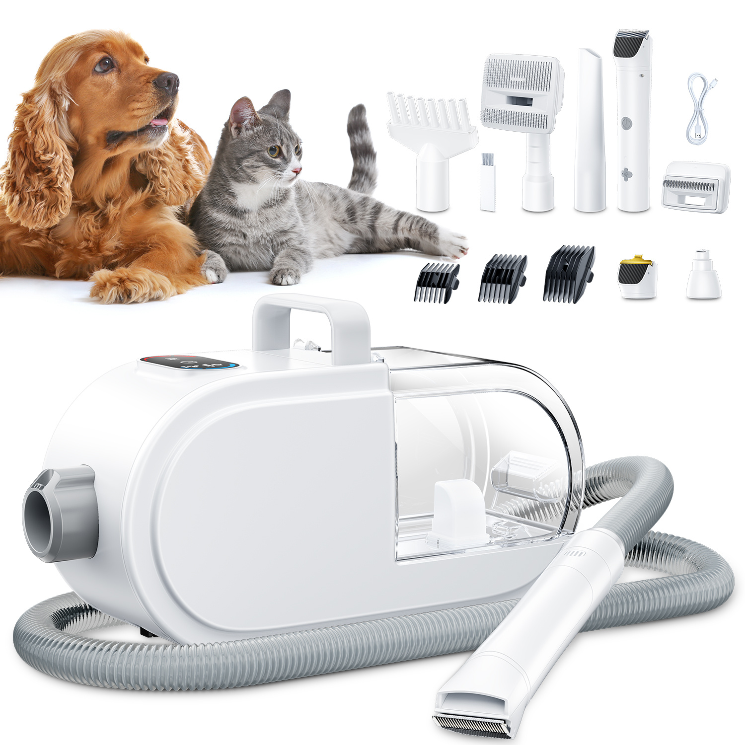 

Dog Hair Vacuum & Dryer & Clipper 3 In 1, Dog Grooming Kit With Pet Clipper Nail Grinder, Pet Hair Dryer With Adjustable Speed And Temperature, 8 Pet Grooming Tools For Dogs Cats