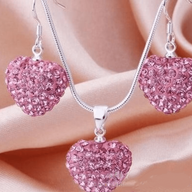 

1pc Heart Sparkling Elegant Classic Copper Silvery Pink Pendant Necklace Earrings Suit Woman Party Prom Gift