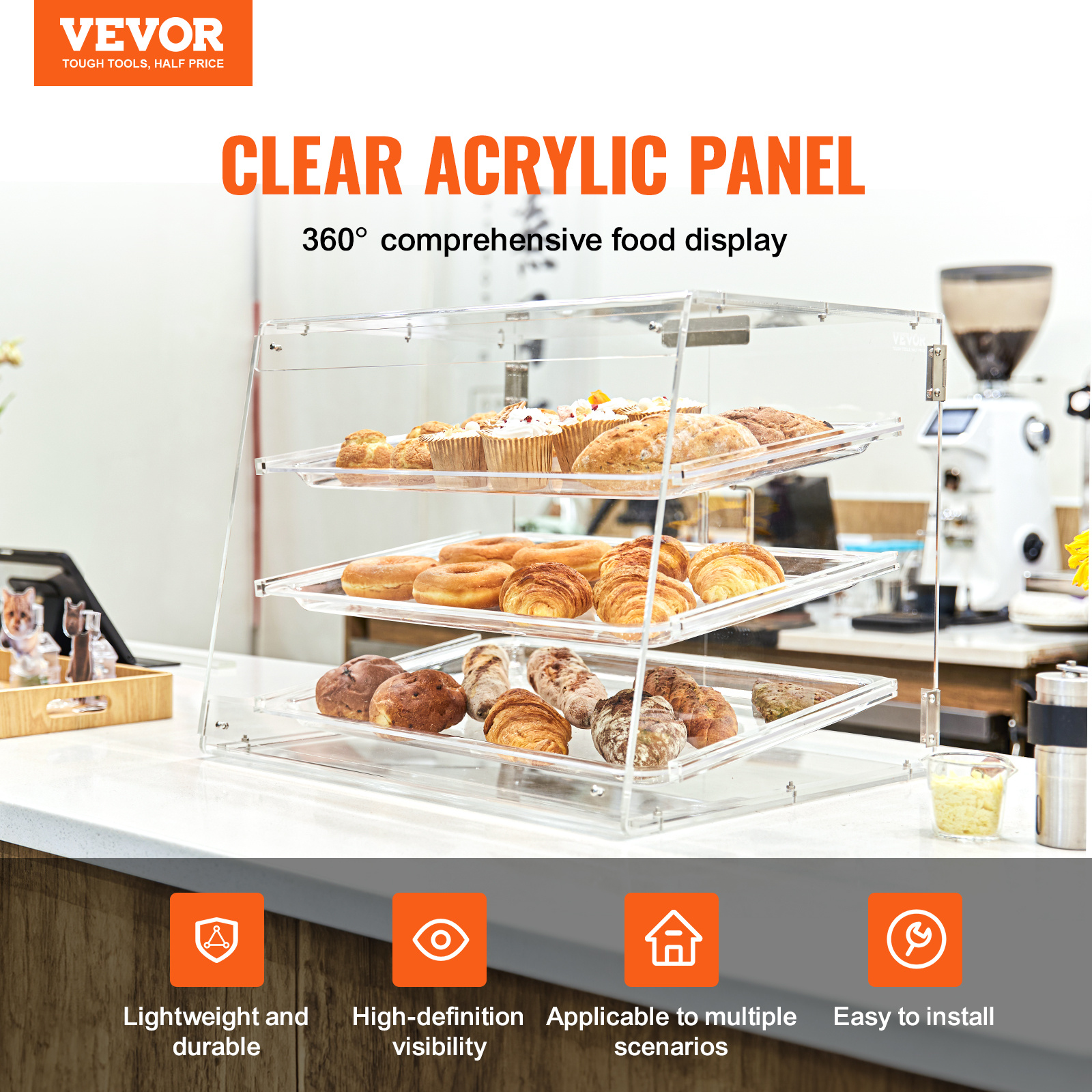 

Vevor Pastry Display Case, 3-tier Commercial Countertop Bakery Display Case, Acrylic Display Box With Rear Door Access & Removable Shelves, Keep Fresh For Donut Bagels Cake Cookie, 20.7"x14.2"x16.3