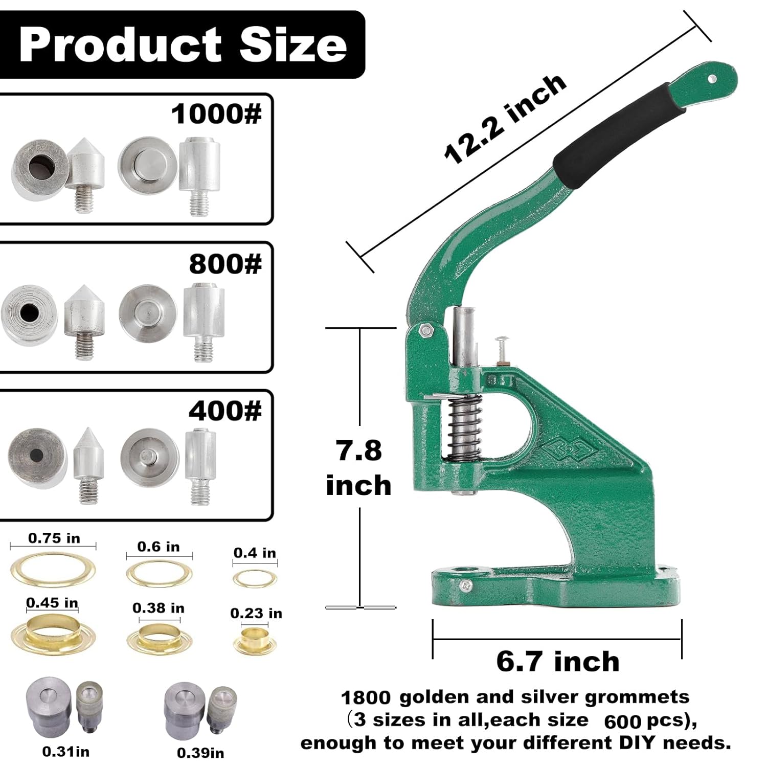 Heavy Duty Grommet Press Machine Set W/Punch Hole Tool, Hand Press Eyelet Grommet Punch Tool, 2400pcs Grommets For Curtains Scrapbooking Flags Belts