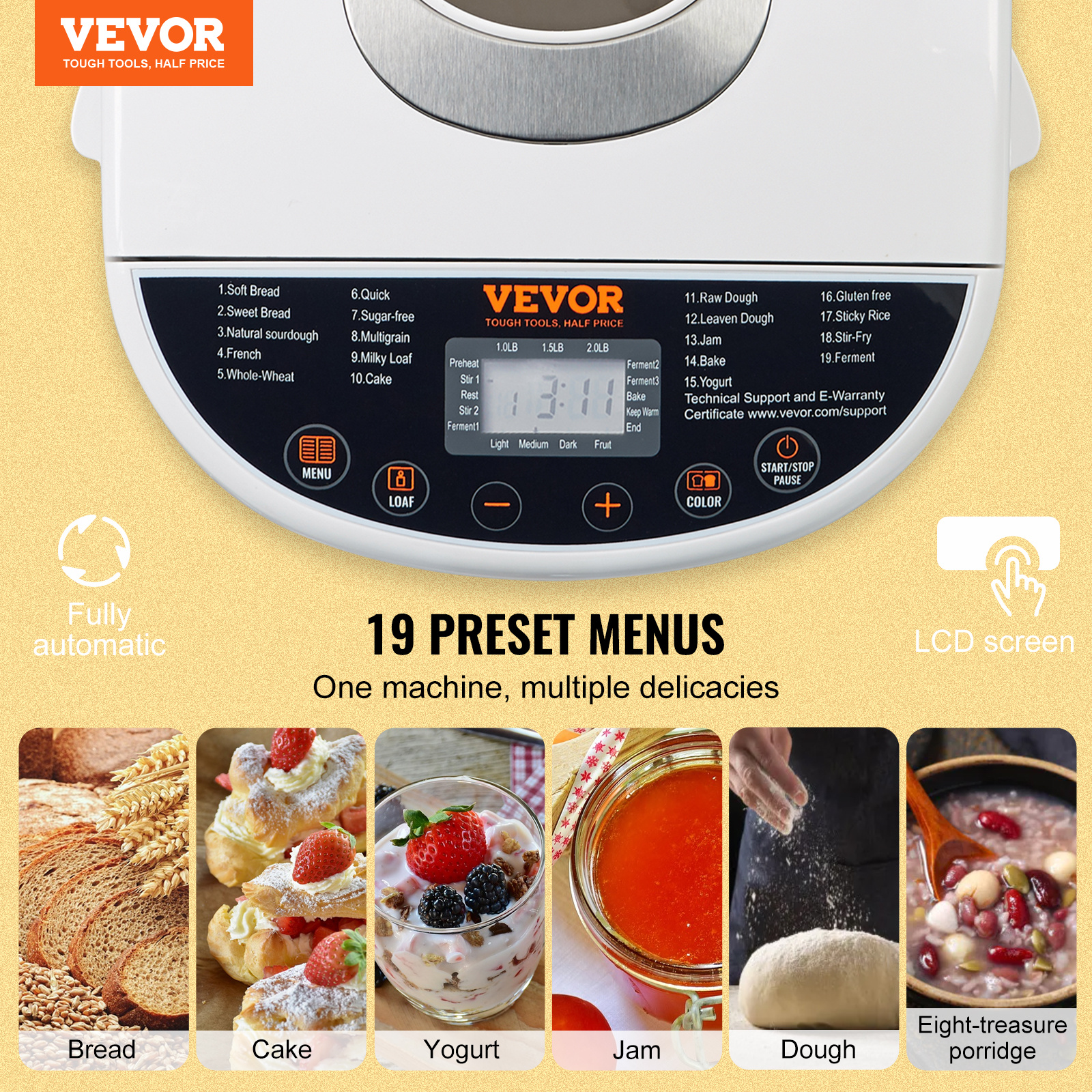 TEMU Vevor Bread Maker, 19-in-1 2lb Dough Machine, Nonstick Ceramic Pan Automatic Breadmaker With Gluten Free Setting, Whole Wheat Bread Making,