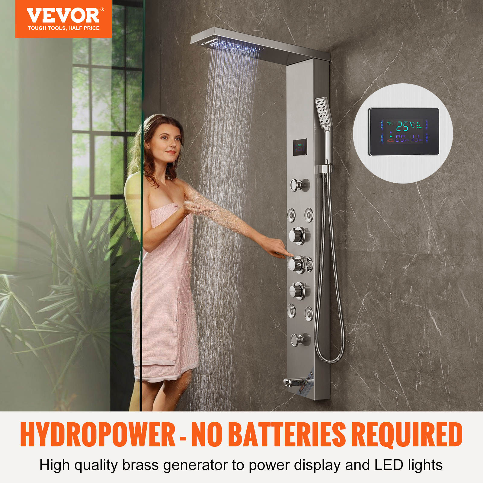 

Vevor Shower Panel, 6 Shower , Led & Screen Hydroelectricity Shower Tower Panel System, , Waterfall, 8 Massage , Tub Spout, Handheld Shower, Stainless Steel Wall-mounted Shower Set