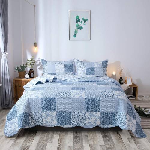 trendy blue quilt set light floral pattern lightweight bedspread coverlet sets hypoallergenic and breathable for home bedding bed room cabin and college dorm