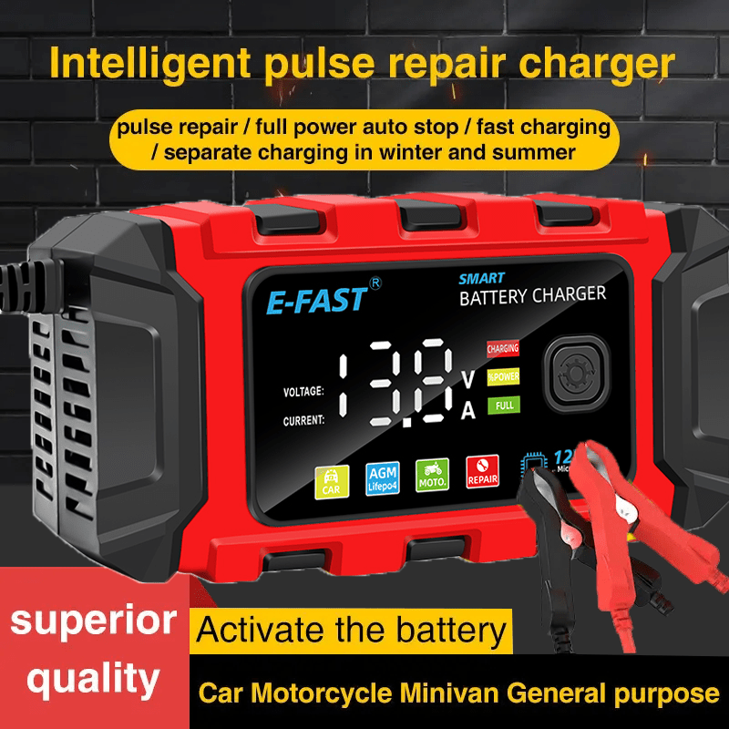 

Multifunctional Intelligent Car And Motorcycle Battery Charger - Large Screen Display, Safe Trickle Charging, Us Standard Plug.