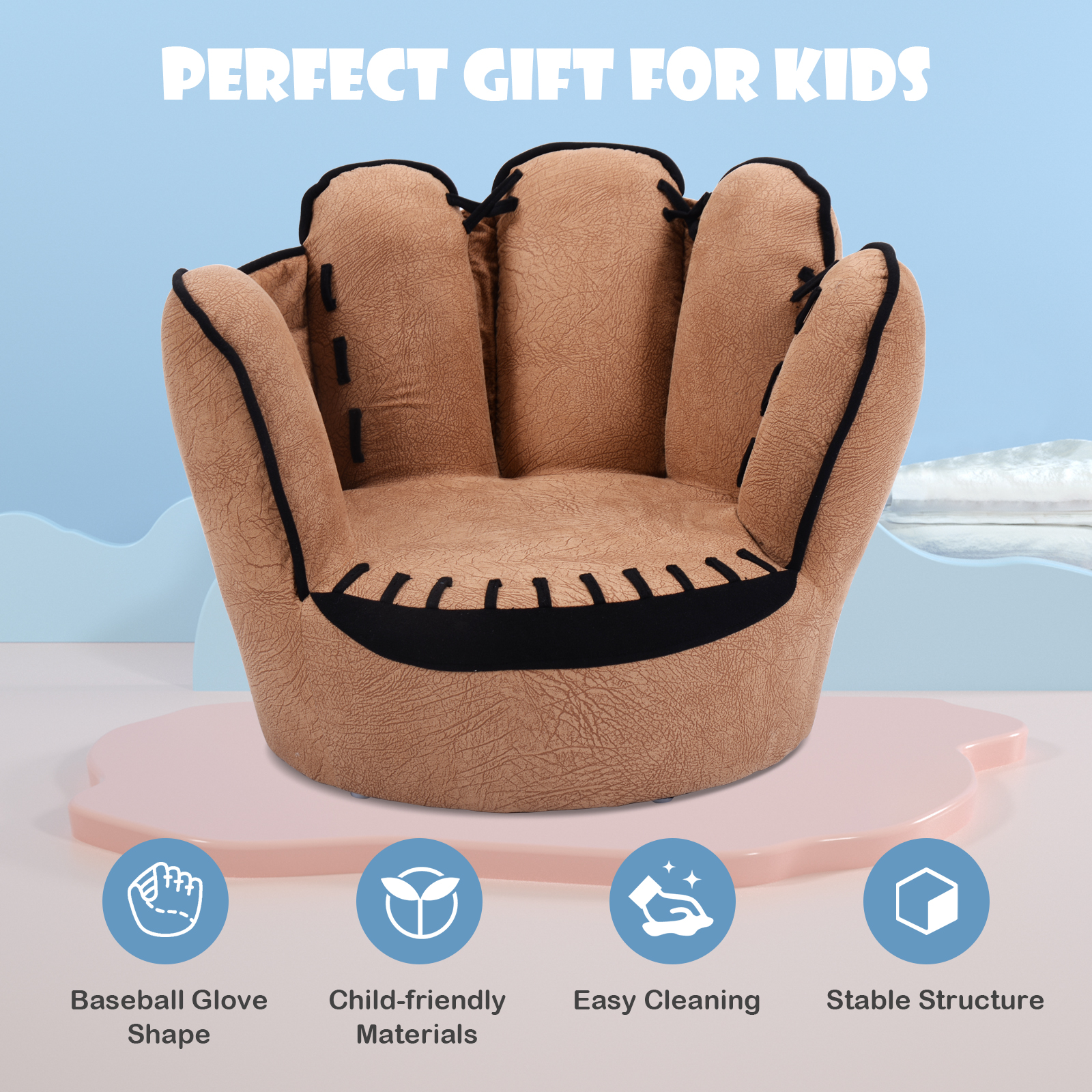 Costway Kid Baseball Chair, Toddler Chair with Baseball Glove Design, Baseball Bean Bag Chair for Playroom, Gift for 3-5 Years Boys and Girls, 23.5 x 19.5 x 17.5