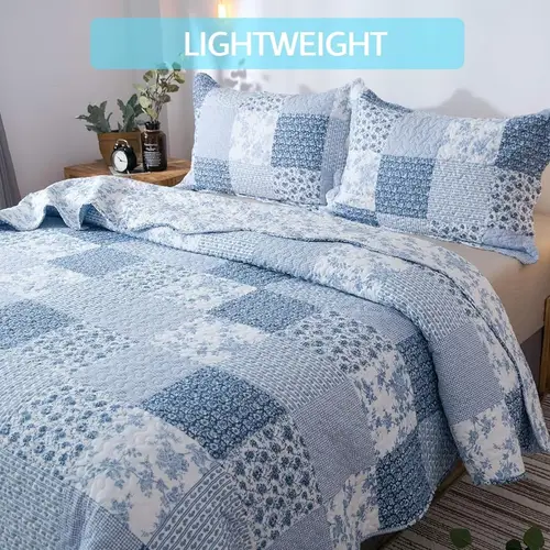 trendy blue quilt set light floral pattern lightweight bedspread coverlet sets hypoallergenic and breathable for home bedding bed room cabin and college dorm
