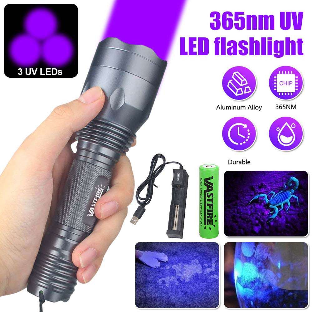 

365nm Uv Flashlight With 3 Leds, Rechargeable Black Light Torch For Resin Curing, Rocks Searching, & Pet Urine Finding