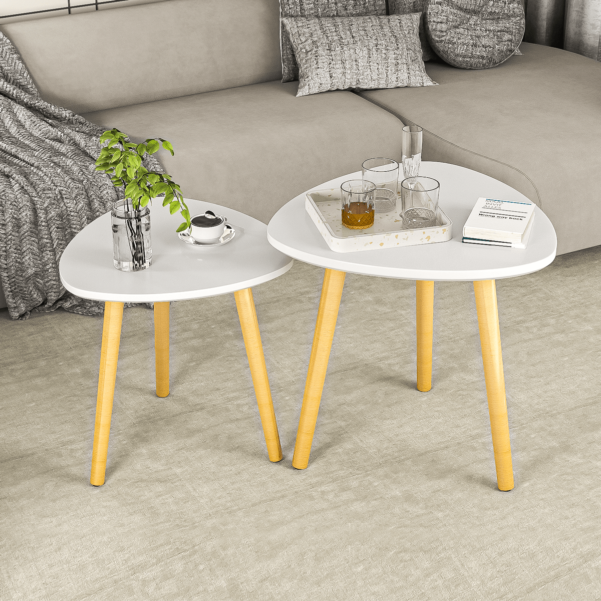 

Modern Semi-nesting Table With Wooden Legs Set Of 2 - Triangle Side Table For Living Room, Bedroom, Apartment & Small - Minimalist Bamboo Coffee End Table