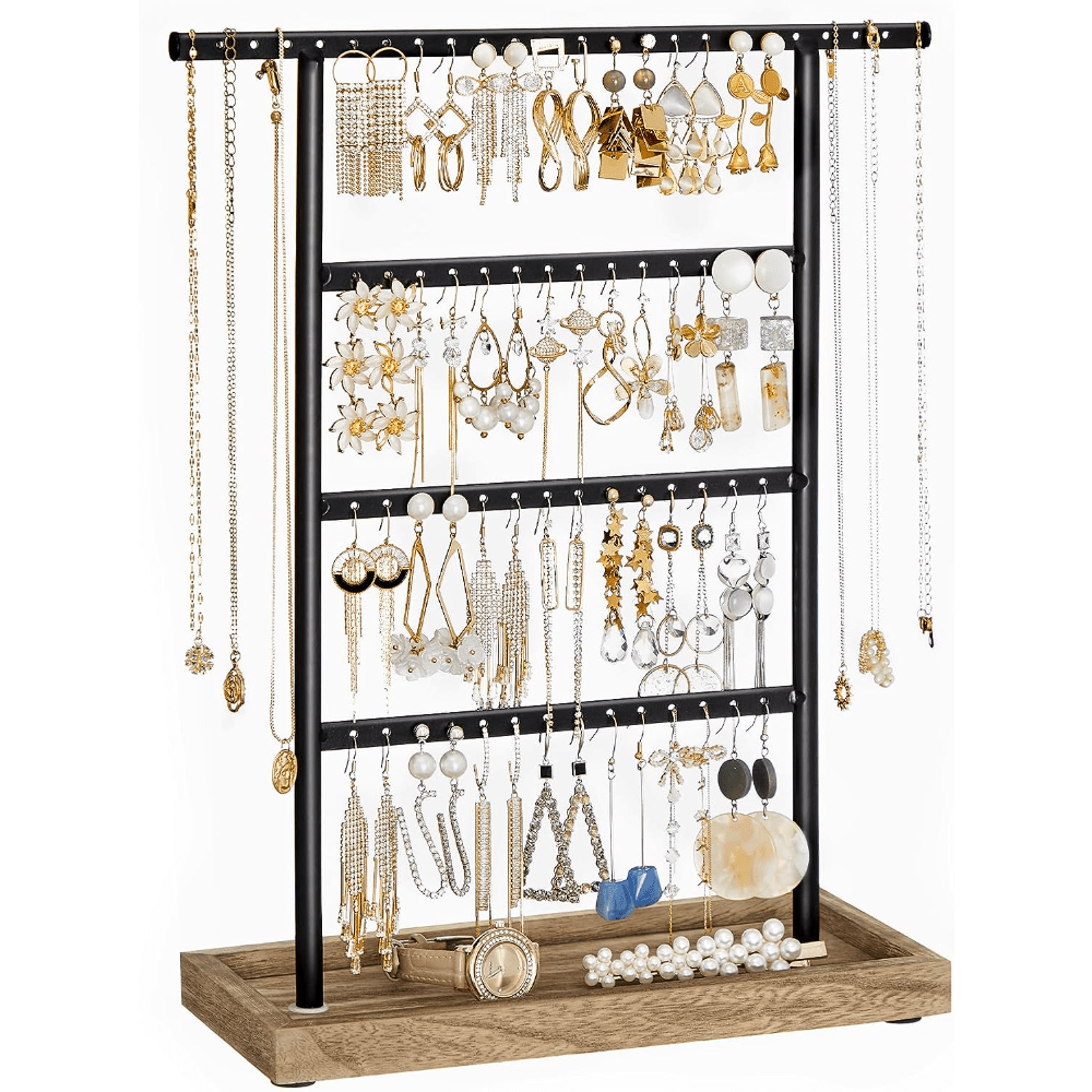 

Songmics Jewelry Stand, 4-tier Jewelry Holder Organizer With Tray, Wood Base, For Earrings And Studs, Vintage,