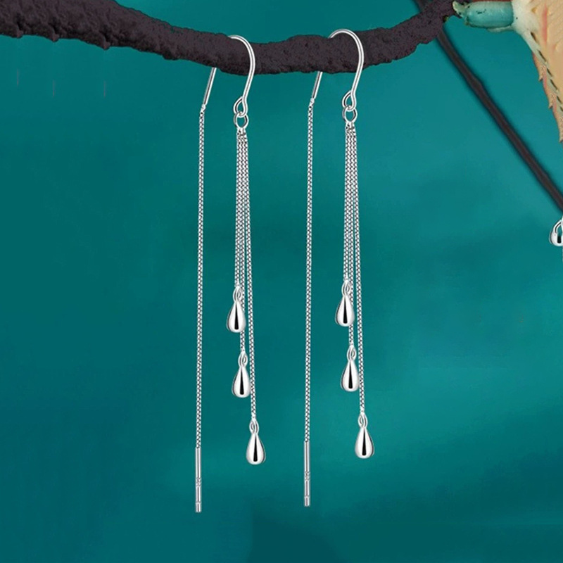 

2pcs Tassel Water Drop Chain Fashion Personality Stainless Steel Silvery Earrings Woman Daily Party Gift Banquet