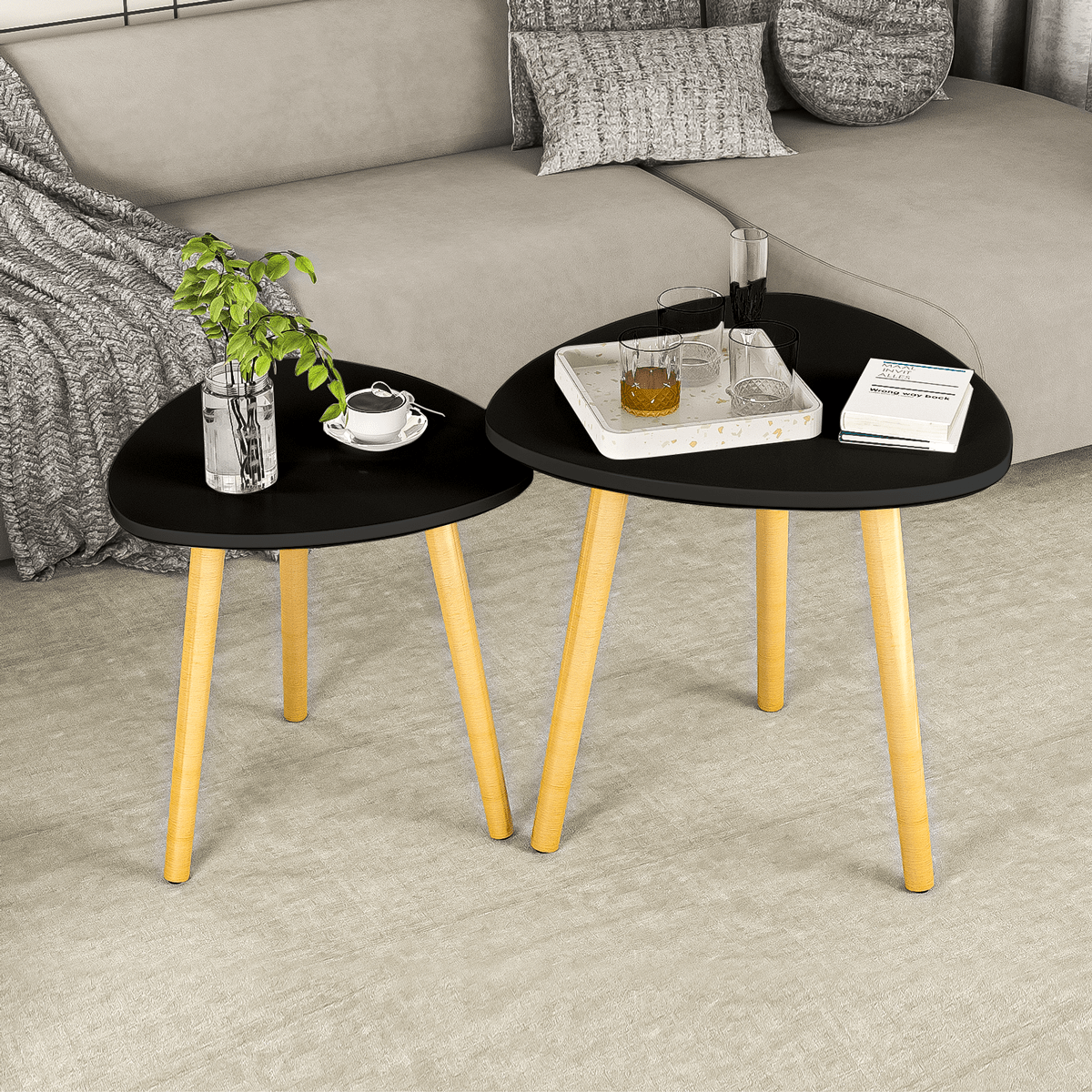 

Modern Semi-nesting Table With Wooden Legs Set Of 2 - Triangle Side Table For Living Room, Bedroom, Apartment & Small Spaces - Minimalist Bamboo Nested Coffee End Table