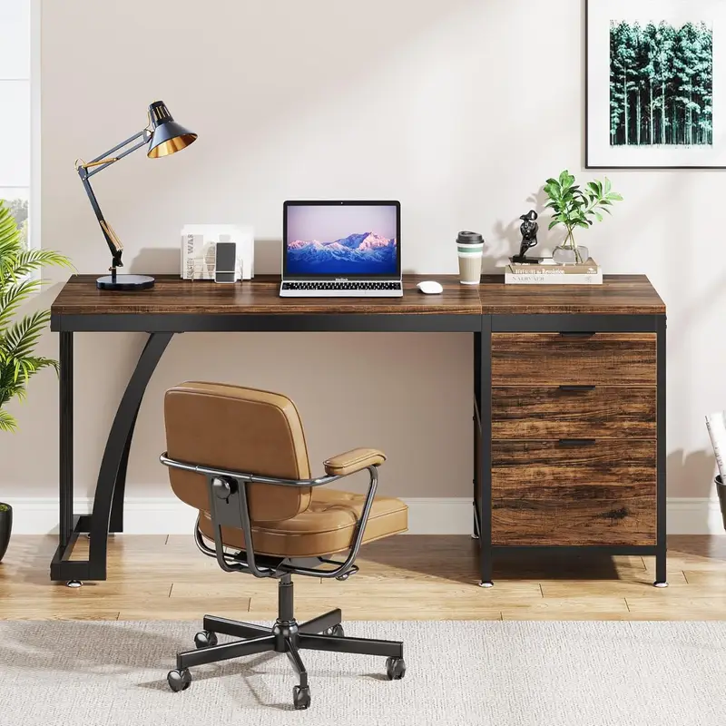 59 Inches Computer Desk With File Drawer And Storage Shelves