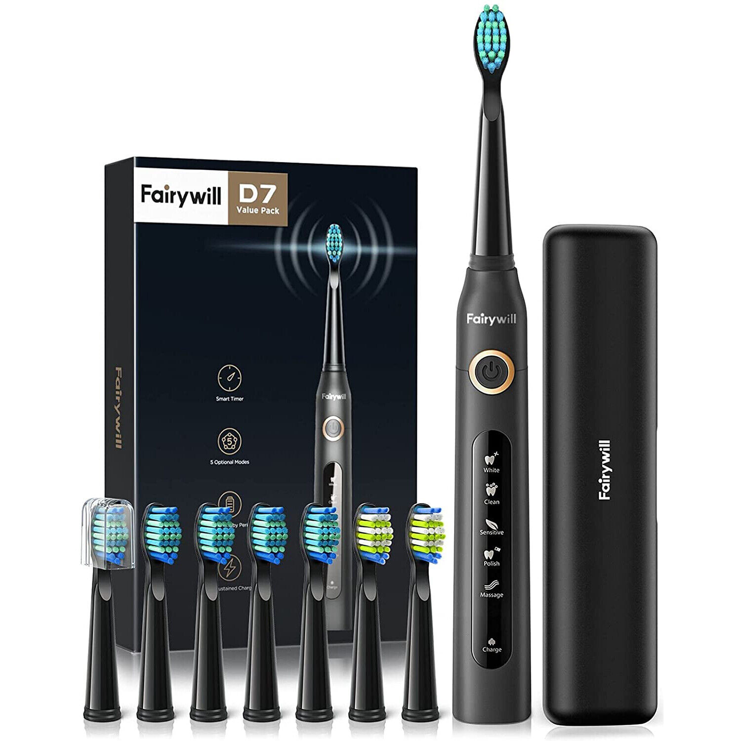 

Fairywill Electric Toothbrush With 5 For Adults, With , 8 Brush Heads And 2h Charge For